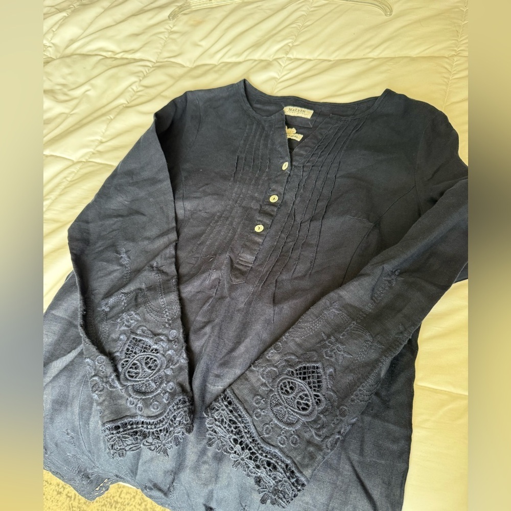 Malvin Hamburg-Germany Navy Embroidered Linen Dress size 6 - Picture 4 of 7